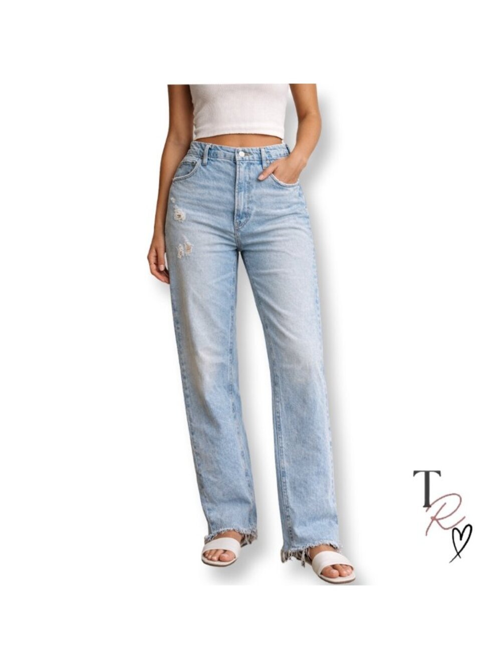 Good American Baggy Straight Leg Jeans Distressed Light Wash Size 29 x 33